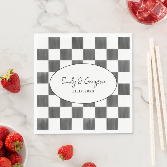 Painted Black Checkerboard Pattern Wedding Napkins (Insitu)
