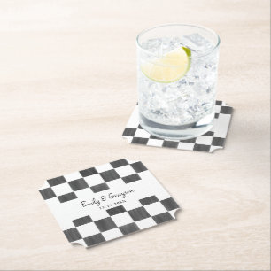 Painted Black Checkerboard Pattern Wedding Paper Coaster