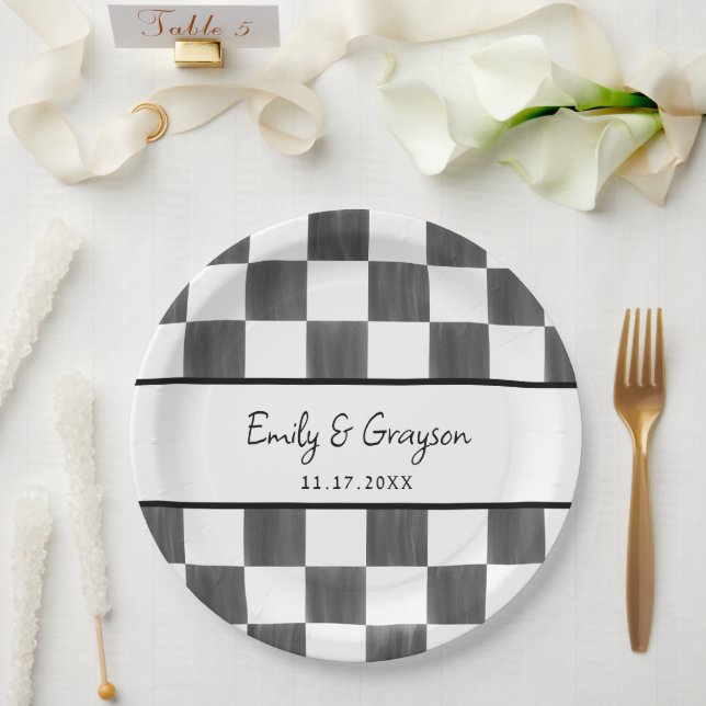 Painted Black Checkerboard Pattern Wedding Paper Plates (Wedding)