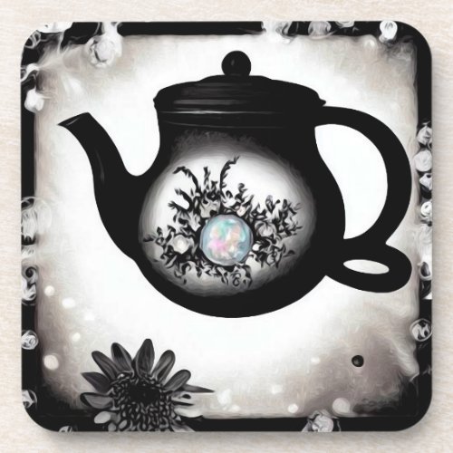 Painted Black Tea Pot  Opal Beverage Coaster