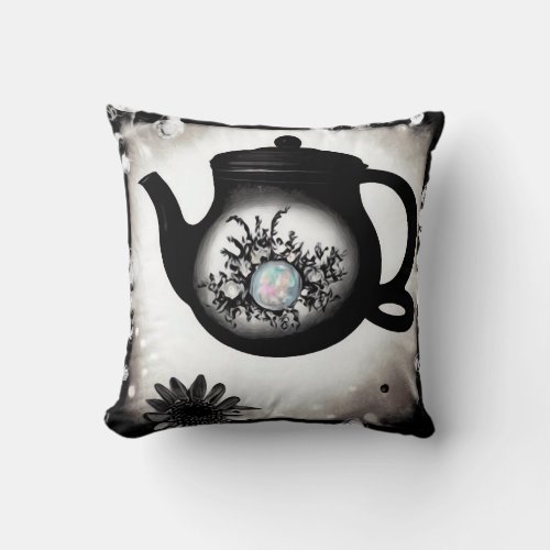 Painted Black Tea Pot  Opal Throw Pillow