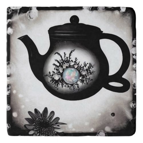 Painted Black Tea Pot  Opal Trivet