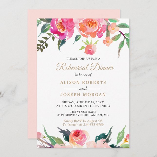 PAINTED BLOOMS Botanical Floral Rehearsal Dinner Invitation (Front/Back)