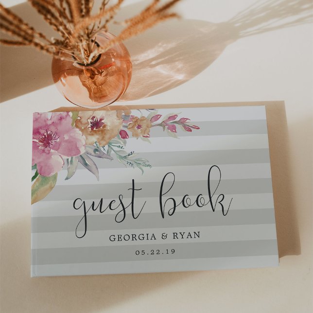 Painted Blooms | Gray Stripe Wedding Guest Book (Creator Uploaded)