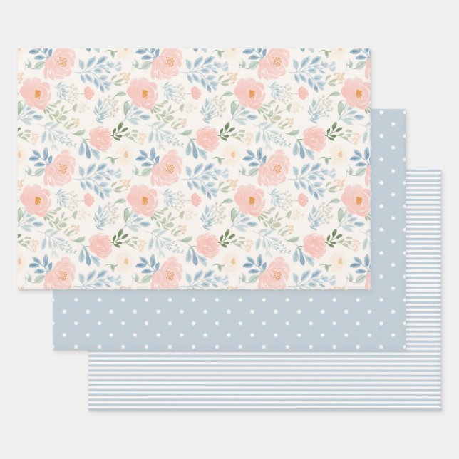 Painted Blossoms Flower Floral Stripe Wrapping Paper Sheets (Set)