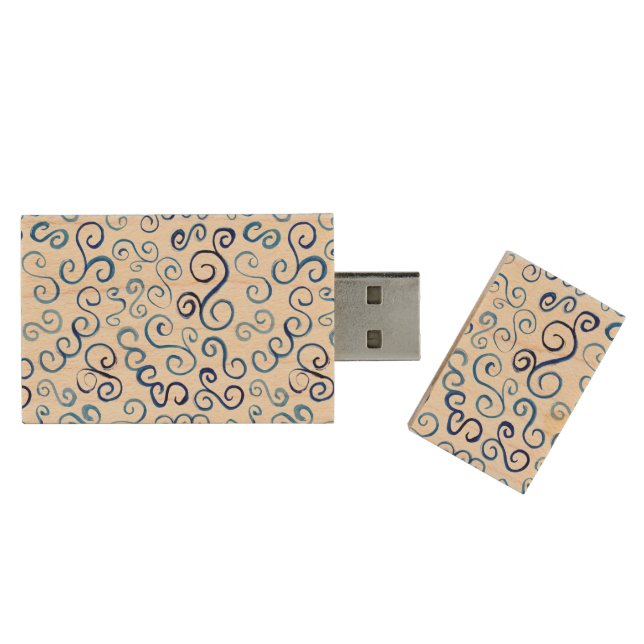 Painted Blue Abstract Curves Wood USB Flash Drive (Opened)