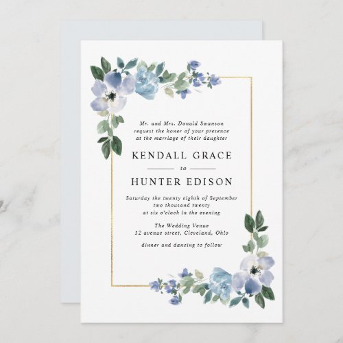 painted blue and green floral frame wedding invitation