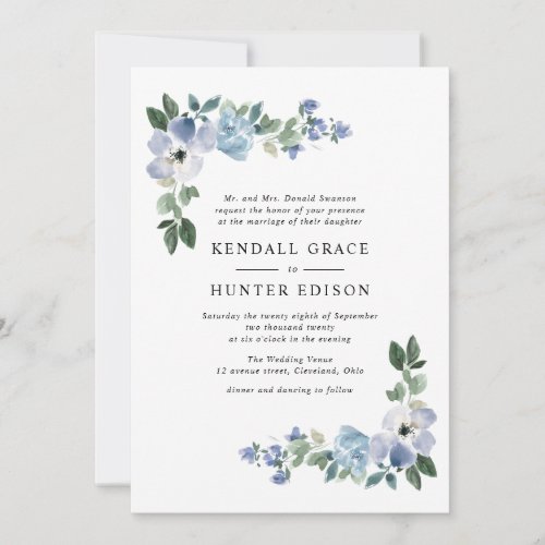 painted blue and green floral wedding invitation