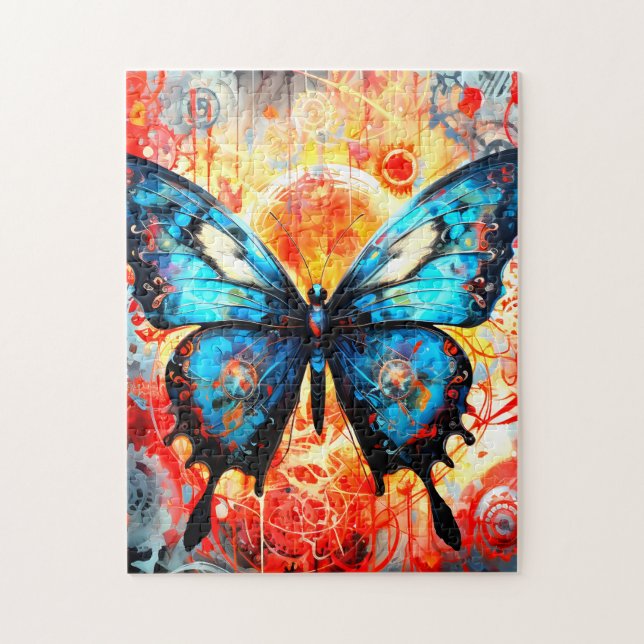 Painted Blue Butterfly with Gear Background.  Jigsaw Puzzle (Vertical)