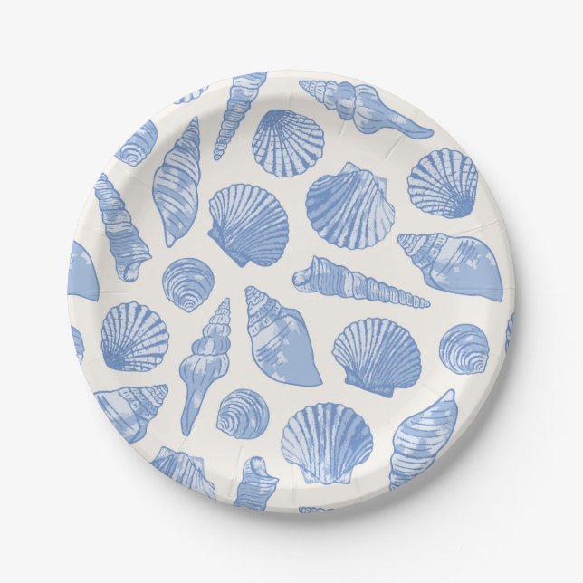 Painted Blue Coastal Seashells Paper Plates (Front)