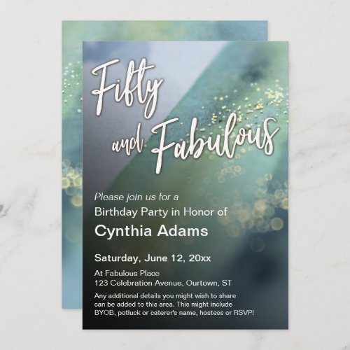 Painted Blue Green Gold Glitter Fifty and Fabulous Invitation