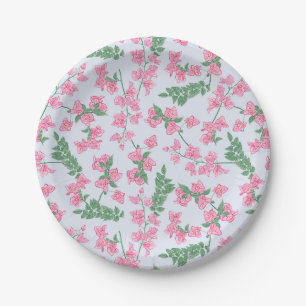 Painted Blue Pink and Green Coastal Floral Vines Paper Plates