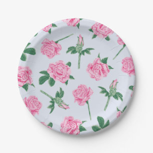 Painted Blue Pink and Green Rose Pattern Paper Plates