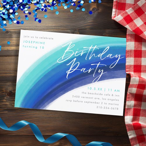 Painted Blue Rainbow Birthday Party Invitation