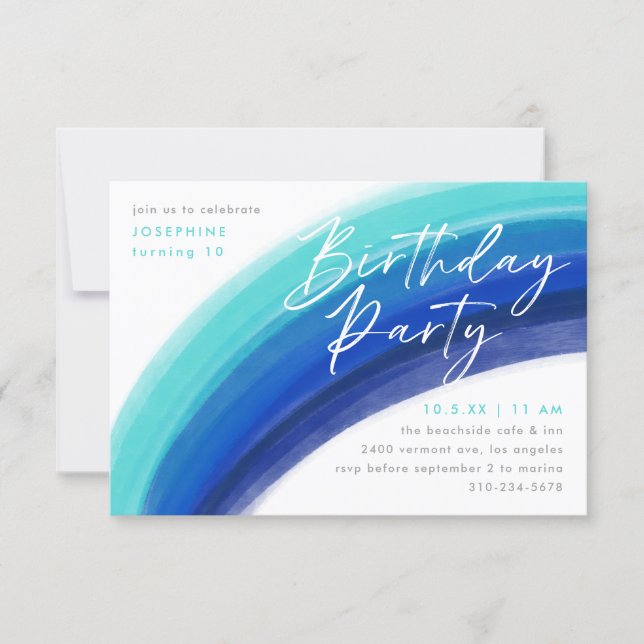 Painted Blue Rainbow Birthday Party Invitation (Front)