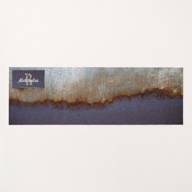 Painted blue, rusted & silver grey metal texture yoga mat (Front (Horizontal))