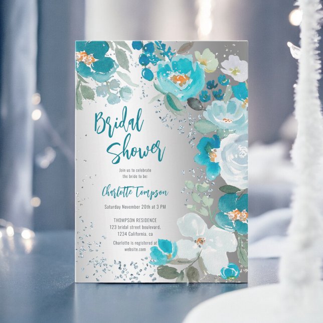Painted Blue Silver Floral Winter bridal shower Invitation (Painted Blue Silver Floral Winter bridal shower Invitation)