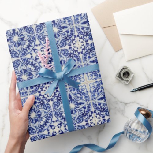 Painted Blue Tile Look _ Mediterranean Courtyard Wrapping Paper