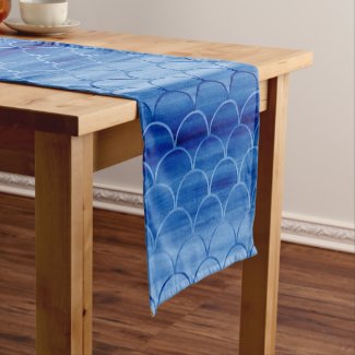 Painted Blue Watercolor Scale Pattern Short Table Runner