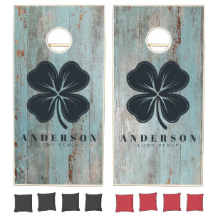 Painted Blue Wood Four Leaf Clover with Name Cornhole Set
