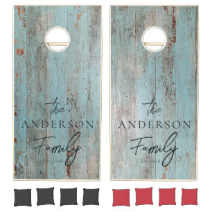 Painted Blue Wood Hand Written Family Name Cornhole Set