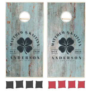 Painted Blue Wood Irish Lucky Clover Wedding Crest Cornhole Set