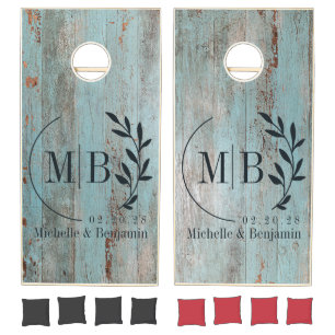 Painted Blue Wood Leaf Wedding Monogram Cornhole Set