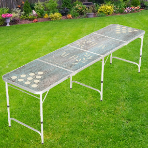 Painted Blue Wood Modern Leaf Wedding Monogram CR Beer Pong Table