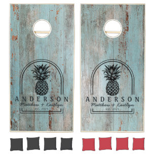 Painted Blue Wood Pineapple Wedding Arch & Name Cornhole Set