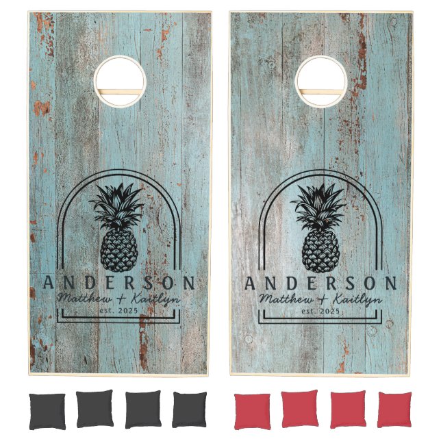 Painted Blue Wood Pineapple Wedding Arch & Name Cornhole Set (Set)