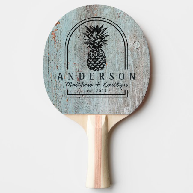 Painted Blue Wood Pineapple Wedding Arch & Name Ping Pong Paddle (Front)
