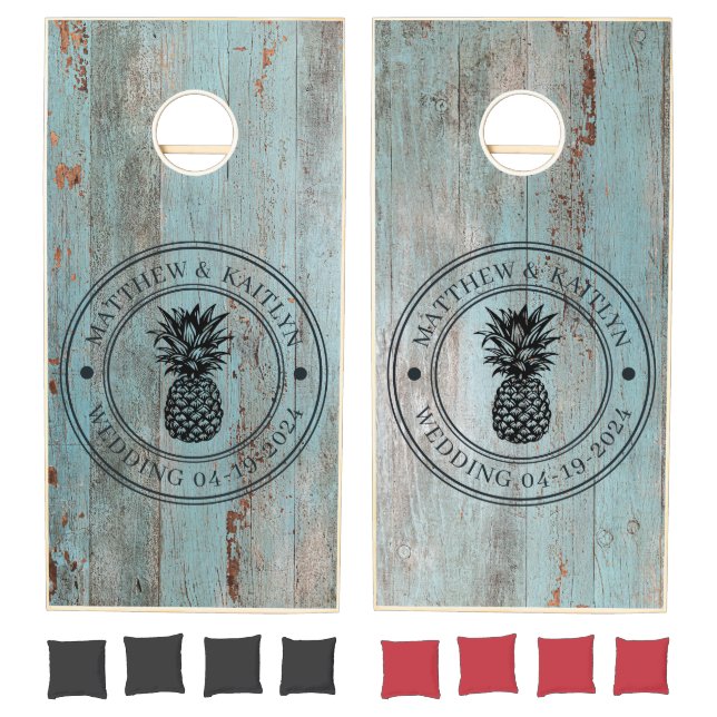 Painted Blue Wood Pineapple Wedding Crest & Names Cornhole Set (Set)