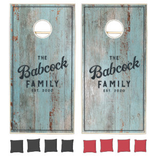 Painted Blue Wood Retro Family Name & Year Cornhole Set