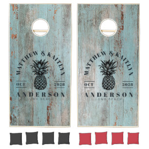 Painted Blue Wood Tropical Pineapple Wedding Crest Cornhole Set