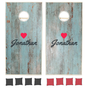 Painted Blue Wood Vintage Heart Signature Cornhole Set