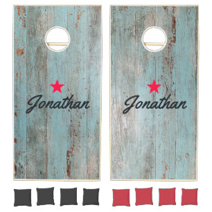Painted Blue Wood Vintage Star Signature Cornhole Set