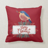 Painted Bluebird Holly Boughs Christmas Red Throw Pillow