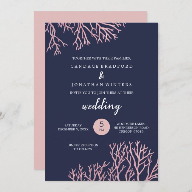 Painted Blush Pink Corals Beach Tropical Wedding Invitation (Front/Back)