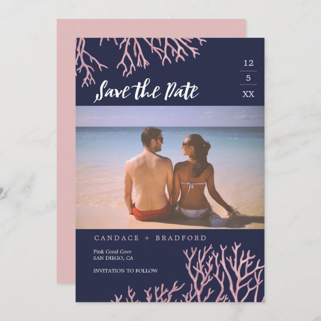 Painted Blush Pink Corals Photo Save the Date (Front/Back)