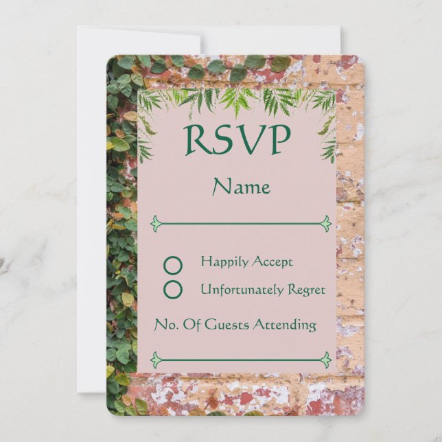 Painted Bricks Green Ivy Wedding Rounded RSVP Card (Front)