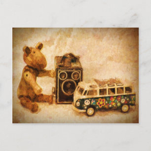 Painted brown wooden vintage toys camera car bear postcard