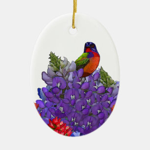 Painted Bunting on Bluebonnets Ceramic Ornament