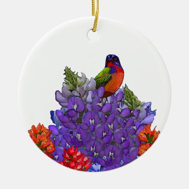 Painted Bunting on Bluebonnets Ceramic Ornament (Front)