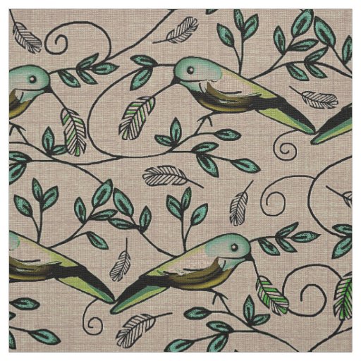 Painted Buntings & Scrolls Vintage Cottage Fabric