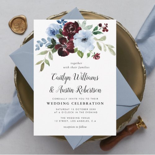 painted burgundy dusty blue floral garland wedding invitation