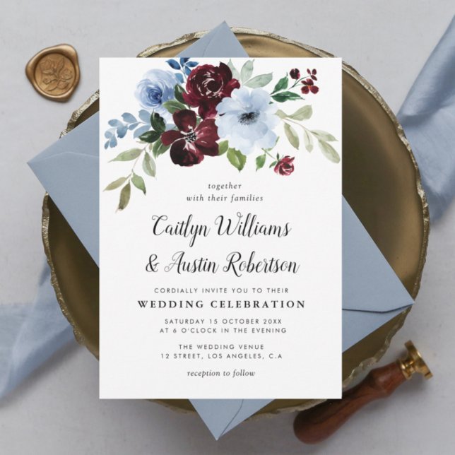 painted burgundy dusty blue floral garland wedding invitation (Creator Uploaded)
