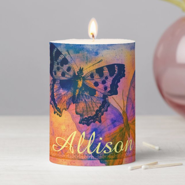 Painted butterflies personalized pillar candle (In Situ)