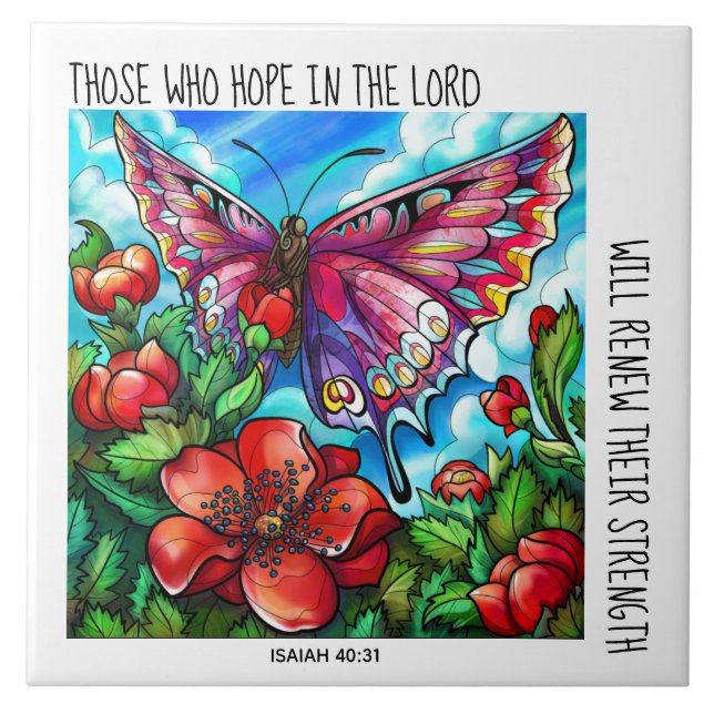 Painted Butterfly on Flowers; verse Isaiah 40:31 Ceramic Tile (Front)