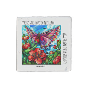 Painted Butterfly on Flowers; verse Isaiah 40:31 Stone Magnet