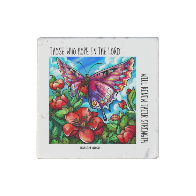 Painted Butterfly on Flowers; verse Isaiah 40:31 Stone Magnet (Front)